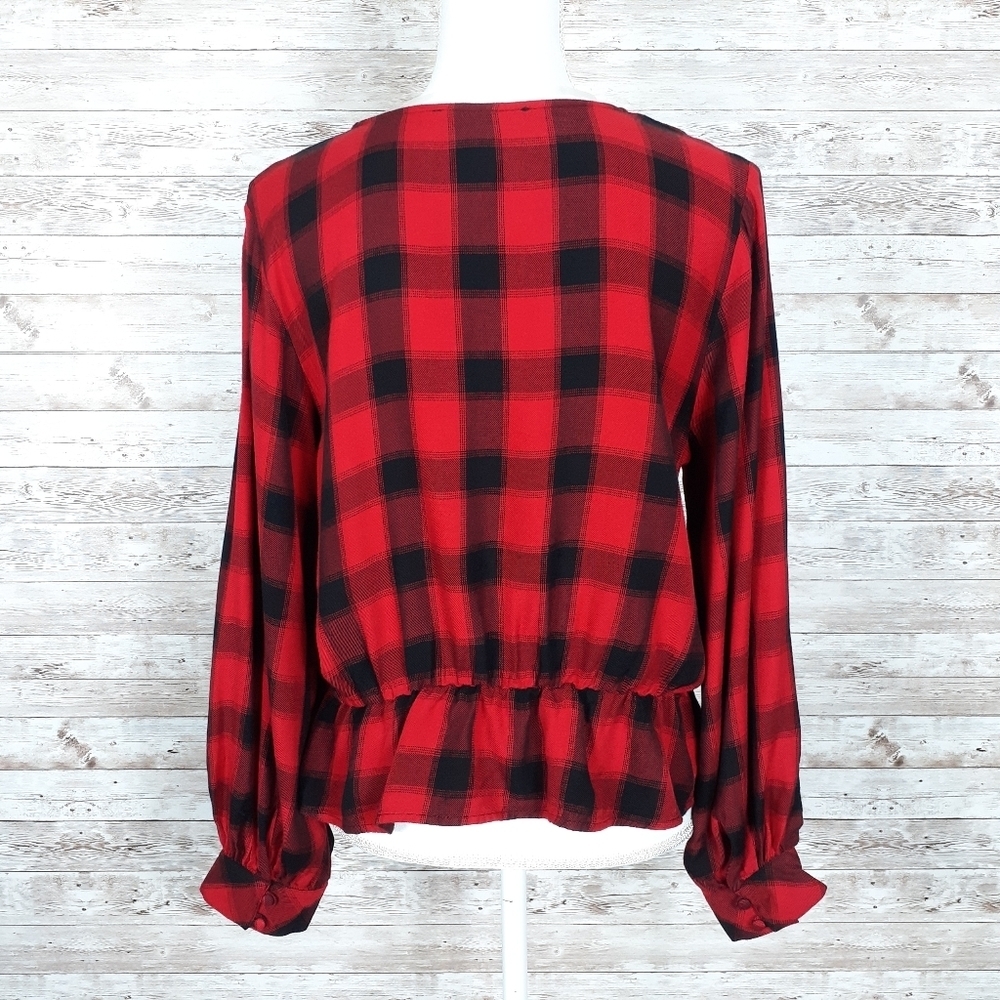 Sanctuary Peplum Top M Red Black Plaid 924 - Picture 4 of 6